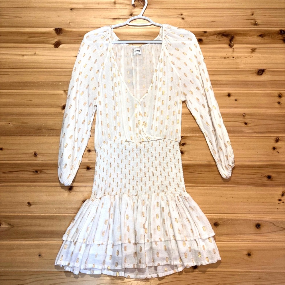 Suboo Dress Womens Medium Ivory Gold Metallic New Wave Mae Shirred Mini Dress